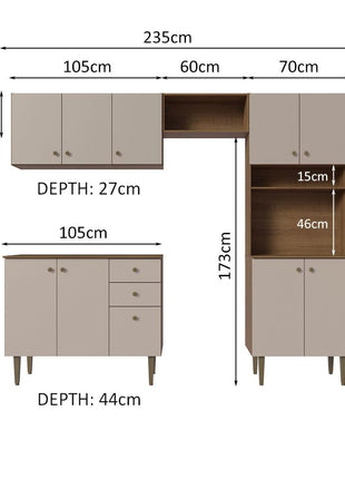 Madesa Compact Kitchen Set with Cabinets Ample Storage 235 Cm Wide with Multiple Compartments, 10 niches, 2 Drawers - Brown/Beige 