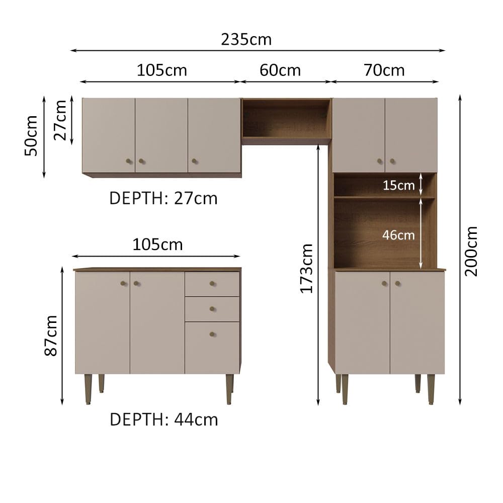 Madesa Compact Kitchen Set with Cabinets Ample Storage 235 Cm Wide with Multiple Compartments, 10 niches, 2 Drawers - Brown/Beige 