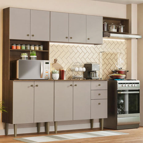 Madesa Compact Kitchen Set with Cabinets Ample Storage 235 Cm Wide with Multiple Compartments, 10 niches, 2 Drawers - Brown/Beige 