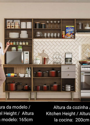 Madesa Compact Kitchen Set with Cabinets Ample Storage 235 Cm Wide with Multiple Compartments, 10 niches, 2 Drawers - Brown/Beige 