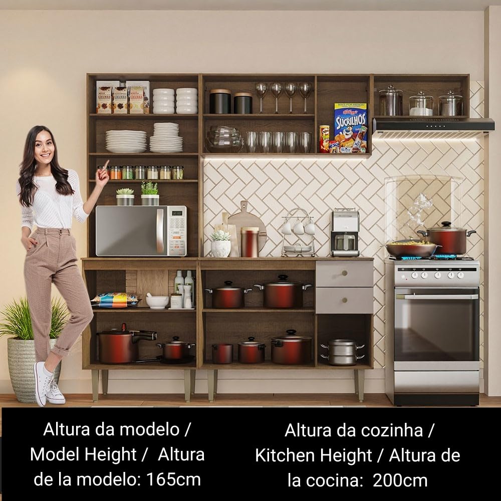 Madesa Compact Kitchen Set with Cabinets Ample Storage 235 Cm Wide with Multiple Compartments, 10 niches, 2 Drawers - Brown/Beige 