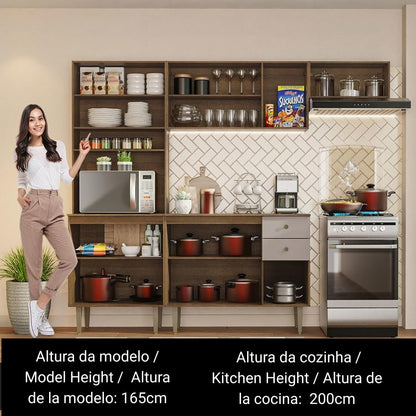 Madesa Compact Kitchen Set with Cabinets Ample Storage 235 Cm Wide with Multiple Compartments, 10 niches, 2 Drawers - Brown/Beige 