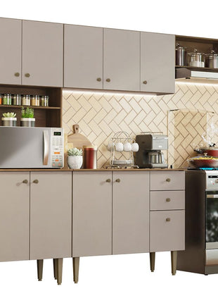 Madesa Compact Kitchen Set with Cabinets Ample Storage 235 Cm Wide with Multiple Compartments, 10 niches, 2 Drawers - Brown/Beige 