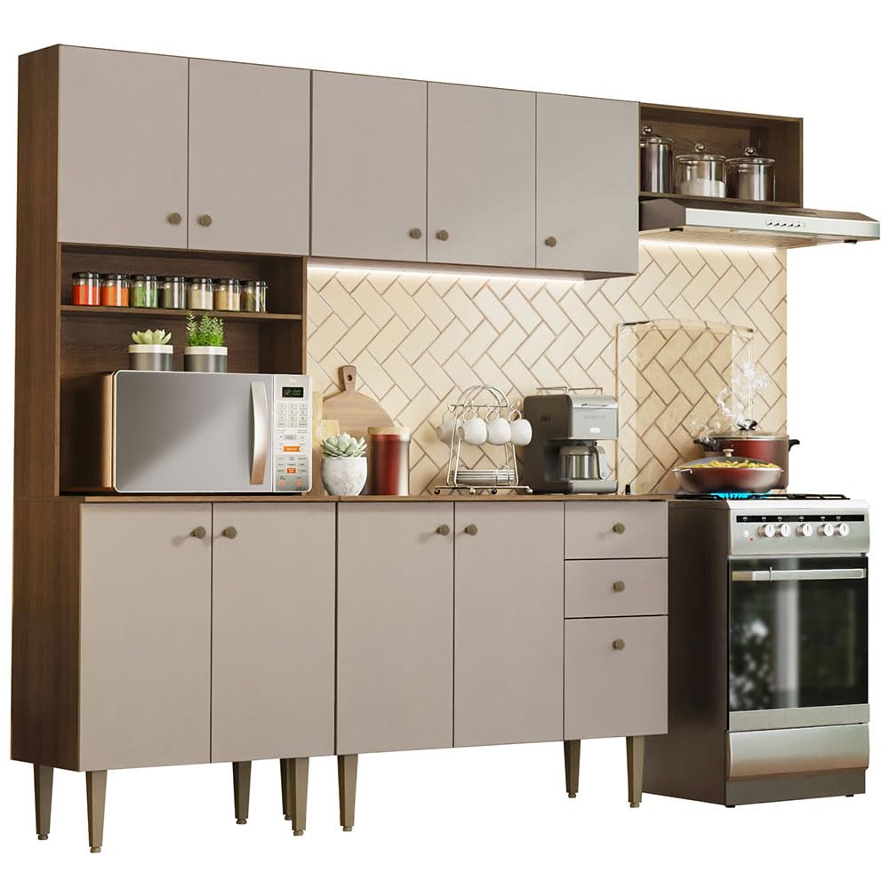Madesa Compact Kitchen Set with Cabinets Ample Storage 235 Cm Wide with Multiple Compartments, 10 niches, 2 Drawers - Brown/Beige 