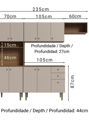 Madesa Compact Kitchen Set with Cabinets Ample Storage 235 Cm Wide with Multiple Compartments, 10 niches, 2 Drawers - Brown/Beige 