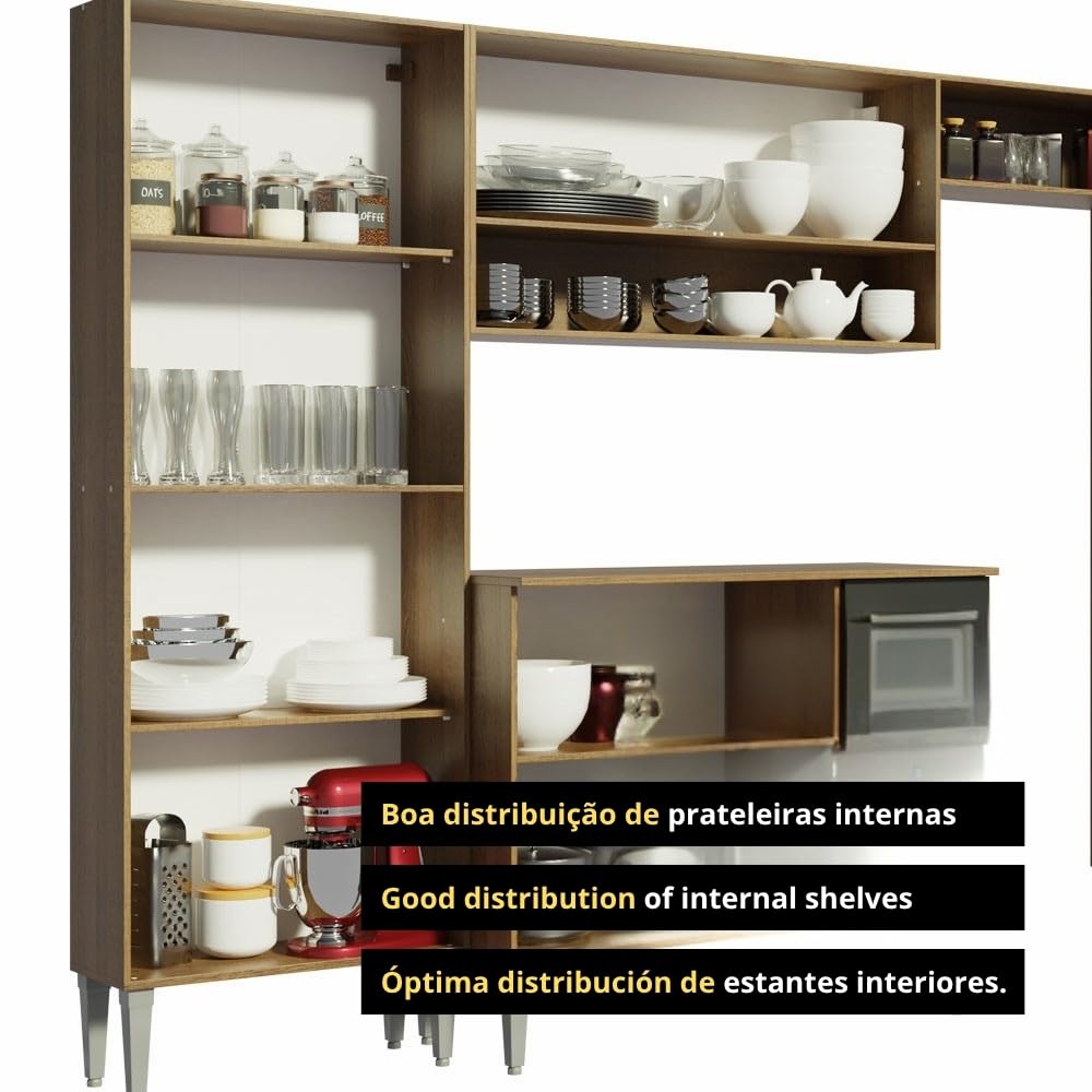 Madesa Full Modular Kitchen Complete Set with Cabinets Ample Storage 229 Cm Wide with Multiple Compartments, 4 Cabinets, 2 Pull-Out Drawers, Wall Hang - Brown 