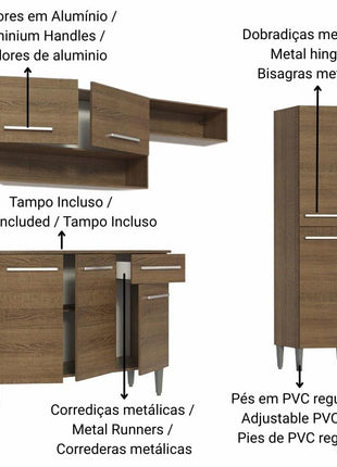 Madesa Full Modular Kitchen Complete Set with Cabinets Ample Storage 229 Cm Wide with Multiple Compartments, 4 Cabinets, 2 Pull-Out Drawers, Wall Hang - Brown 