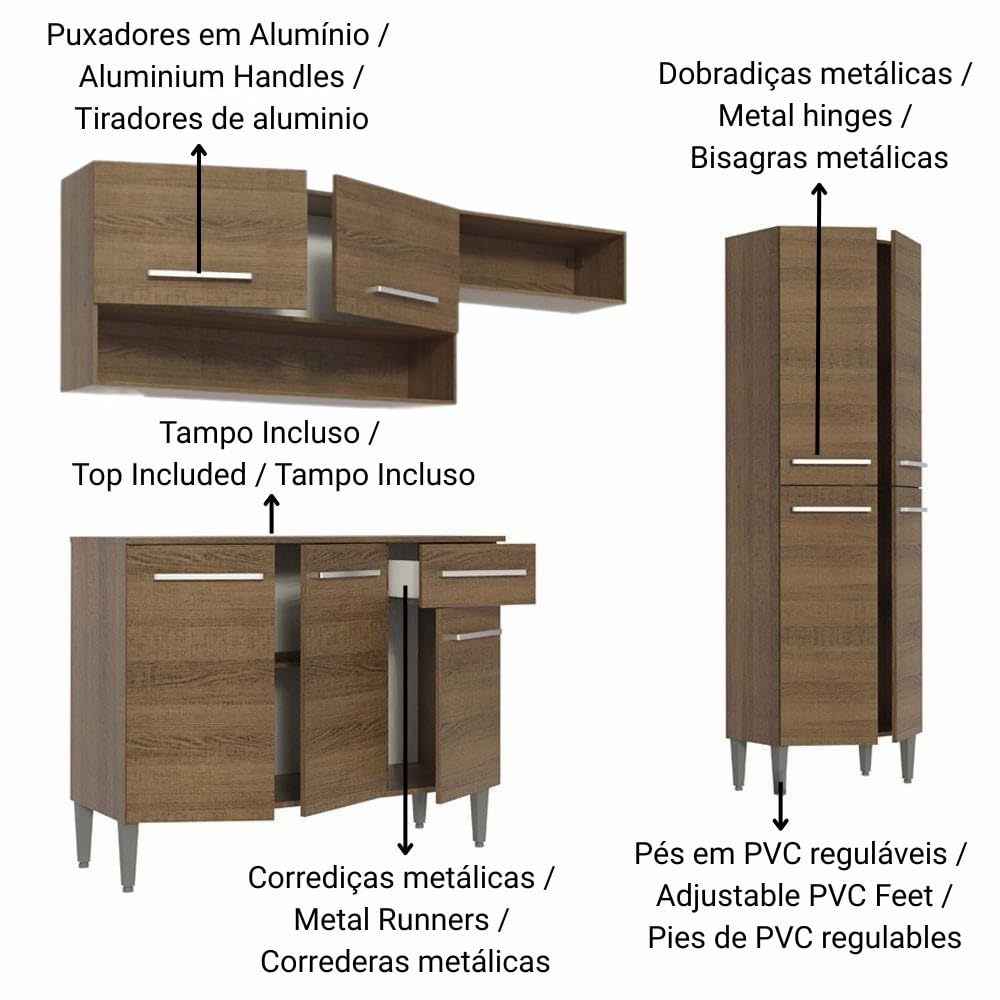 Madesa Full Modular Kitchen Complete Set with Cabinets Ample Storage 229 Cm Wide with Multiple Compartments, 4 Cabinets, 2 Pull-Out Drawers, Wall Hang - Brown 