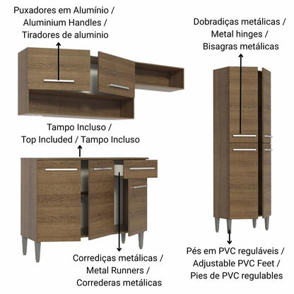 Madesa Full Modular Kitchen Complete Set with Cabinets Ample Storage 229 Cm Wide with Multiple Compartments, 4 Cabinets, 2 Pull-Out Drawers, Wall Hang - Brown 