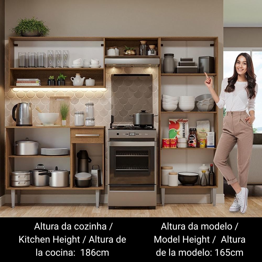 Madesa Full Modular Kitchen Complete Set with Cabinets Ample Storage 229 Cm Wide with Multiple Compartments, 4 Cabinets, 2 Pull-Out Drawers, Wall Hang - Brown 