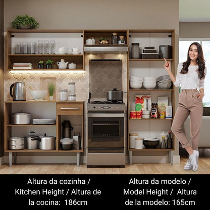 Madesa Full Modular Kitchen Complete Set with Cabinets Ample Storage 229 Cm Wide with Multiple Compartments, 4 Cabinets, 2 Pull-Out Drawers, Wall Hang - Brown 