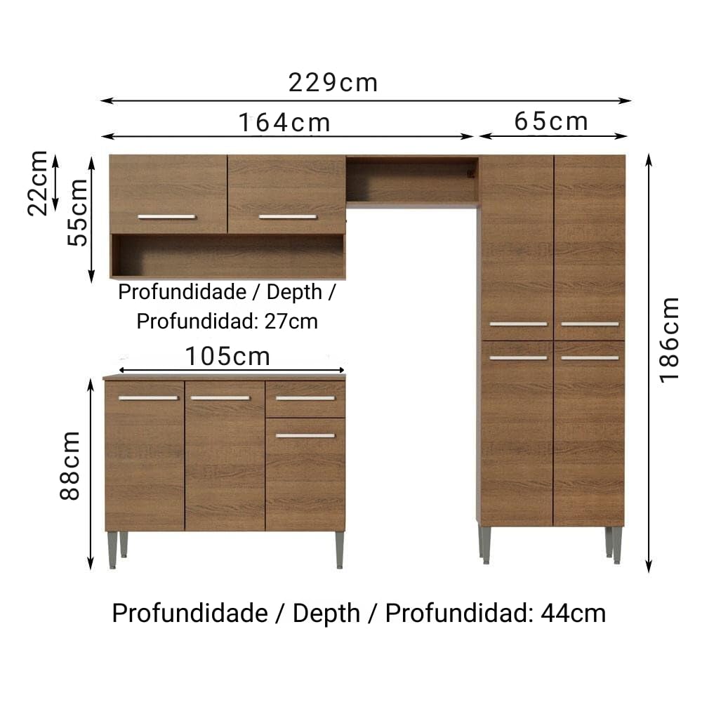 Madesa Full Modular Kitchen Complete Set with Cabinets Ample Storage 229 Cm Wide with Multiple Compartments, 4 Cabinets, 2 Pull-Out Drawers, Wall Hang - Brown 