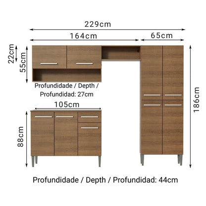 Madesa Full Modular Kitchen Complete Set with Cabinets Ample Storage 229 Cm Wide with Multiple Compartments, 4 Cabinets, 2 Pull-Out Drawers, Wall Hang - Brown 