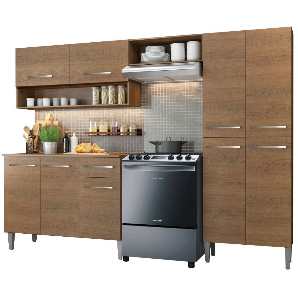 Madesa Full Modular Kitchen Complete Set with Cabinets Ample Storage 229 Cm Wide with Multiple Compartments, 4 Cabinets, 2 Pull-Out Drawers, Wall Hang - Brown, Wood 