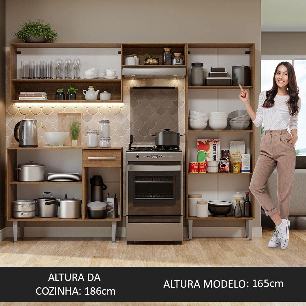 Madesa Full Modular Kitchen Complete Set with Cabinets Ample Storage 229 Cm Wide with Multiple Compartments, 4 Cabinets, 2 Pull-Out Drawers, Wall Hang - Brown, Wood 