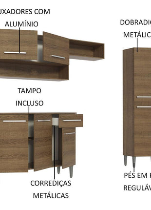 Madesa Full Modular Kitchen Complete Set with Cabinets Ample Storage 229 Cm Wide with Multiple Compartments, 4 Cabinets, 2 Pull-Out Drawers, Wall Hang - Brown, Wood 