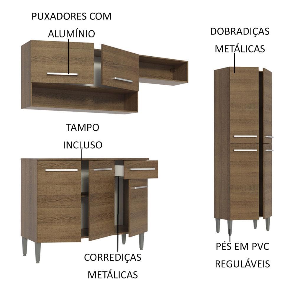 Madesa Full Modular Kitchen Complete Set with Cabinets Ample Storage 229 Cm Wide with Multiple Compartments, 4 Cabinets, 2 Pull-Out Drawers, Wall Hang - Brown, Wood 