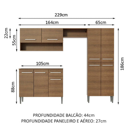 Madesa Full Modular Kitchen Complete Set with Cabinets Ample Storage 229 Cm Wide with Multiple Compartments, 4 Cabinets, 2 Pull-Out Drawers, Wall Hang - Brown, Wood 