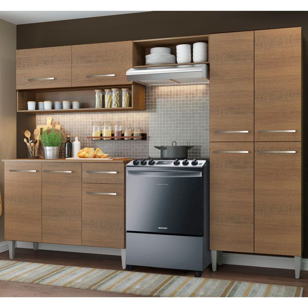 Madesa Full Modular Kitchen Complete Set with Cabinets Ample Storage 229 Cm Wide with Multiple Compartments, 4 Cabinets, 2 Pull-Out Drawers, Wall Hang - Brown, Wood 