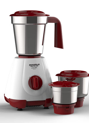 Maharaja Whiteline 500W Livo Pro Mixer Grinder with 3 Stainless Steel Jars with lid and 20,000 RPM Motor Speed (White & Cherry Red) 