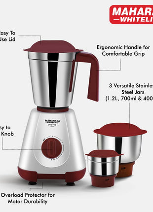 Maharaja Whiteline 500W Livo Pro Mixer Grinder with 3 Stainless Steel Jars with lid and 20,000 RPM Motor Speed (White & Cherry Red) 