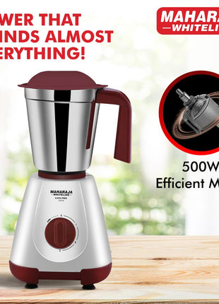Maharaja Whiteline 500W Livo Pro Mixer Grinder with 3 Stainless Steel Jars with lid and 20,000 RPM Motor Speed (White & Cherry Red) 