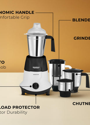 Maharaja Whiteline Odacio Elite Mixer Grinder With 4 Jars | 750 Watt | 20,000 RMP Motor | Stainless Steel Blade | 2 Years Warranty | Black & White 