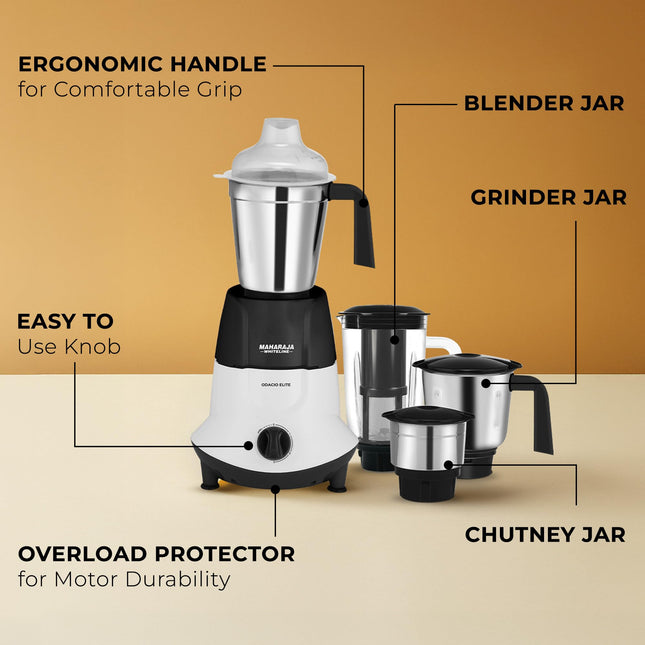 Maharaja Whiteline Odacio Elite Mixer Grinder With 4 Jars | 750 Watt | 20,000 RMP Motor | Stainless Steel Blade | 2 Years Warranty | Black & White 