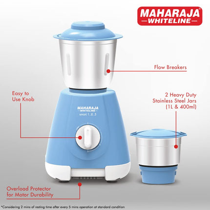 Maharaja Whiteline Smart Mixer Grinder | 500-watt | 20000 RPM Motor Speed | Air Ventilation System | Stainless-Steel Jars & Blades | Unique Jar Flow Breakers | 2 Year Motor Warranty |Blue 