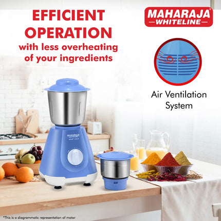 Maharaja Whiteline Smart Mixer Grinder | 500-watt | 20000 RPM Motor Speed | Air Ventilation System | Stainless-Steel Jars & Blades | Unique Jar Flow Breakers | 2 Year Motor Warranty |Blue 