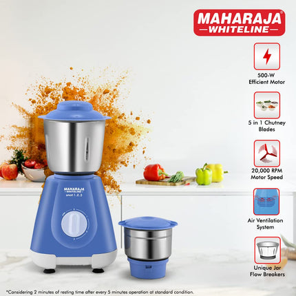 Maharaja Whiteline Smart Mixer Grinder | 500-watt | 20000 RPM Motor Speed | Air Ventilation System | Stainless-Steel Jars & Blades | Unique Jar Flow Breakers | 2 Year Motor Warranty |Blue 