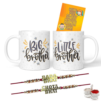 Makranaartandcraft Rakhi Gift Hamper for Brother - 2 Wooden Rakhi With 2 Ceramic Mugs & Roli-Chawal Packet (Variant 1), 325-330 Milliliter 