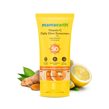Mamaearth Vitamin C Daily Glow Sunscreen with Vitamin C & Turmeric | For Sun Protection, Tan Protection & Glow | SPF 50 & PA++++ Protection | No White Cast | Lightweight & Non-Sticky | Brightens Skin | For All Skin Types | 50 g 