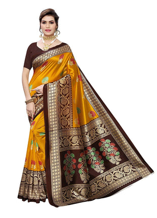 Marabout Mustard Foral Print Mysore Silk Saree 