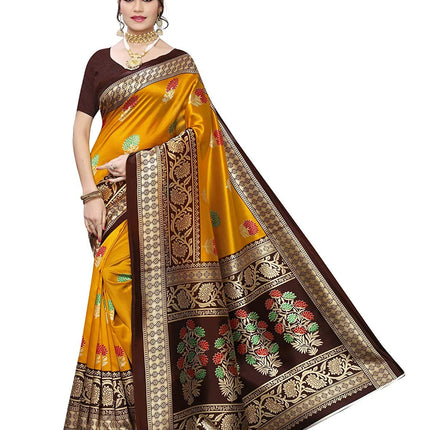 Marabout Mustard Foral Print Mysore Silk Saree 