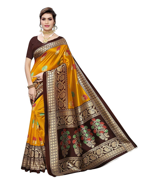 Marabout Mustard Foral Print Mysore Silk Saree 