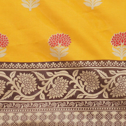 Marabout Mustard Foral Print Mysore Silk Saree 