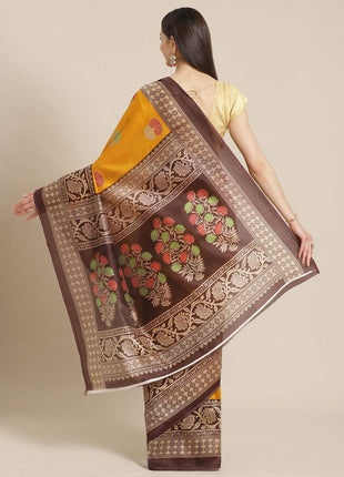 Marabout Mustard Foral Print Mysore Silk Saree 