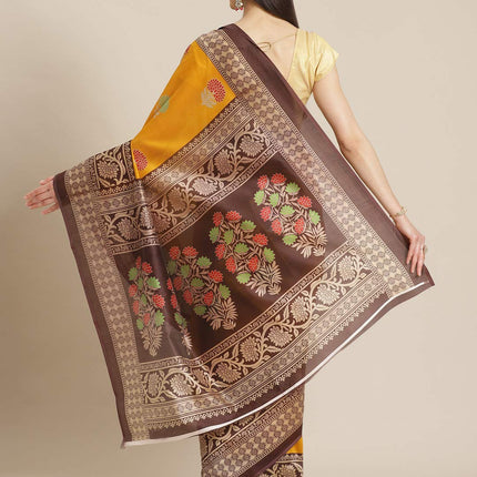Marabout Mustard Foral Print Mysore Silk Saree 