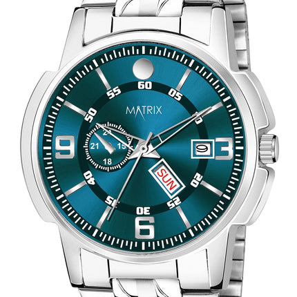 Matrix Black, Blue, White Dial, Day & Date Functioning, Stainless Steel Strap Analog Watch for Men & Women (Green) 