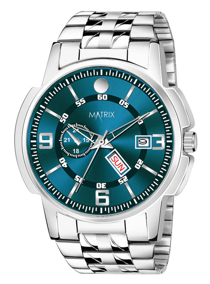 Matrix Black, Blue, White Dial, Day & Date Functioning, Stainless Steel Strap Analog Watch for Men & Women (Green) 