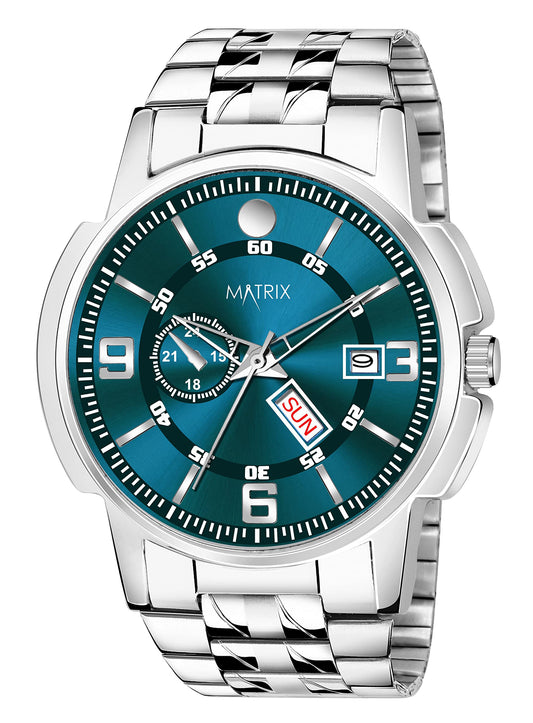 Matrix Black, Blue, White Dial, Day & Date Functioning, Stainless Steel Strap Analog Watch for Men & Women (Green) 
