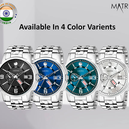 Matrix Black, Blue, White Dial, Day & Date Functioning, Stainless Steel Strap Analog Watch for Men & Women (Green) 