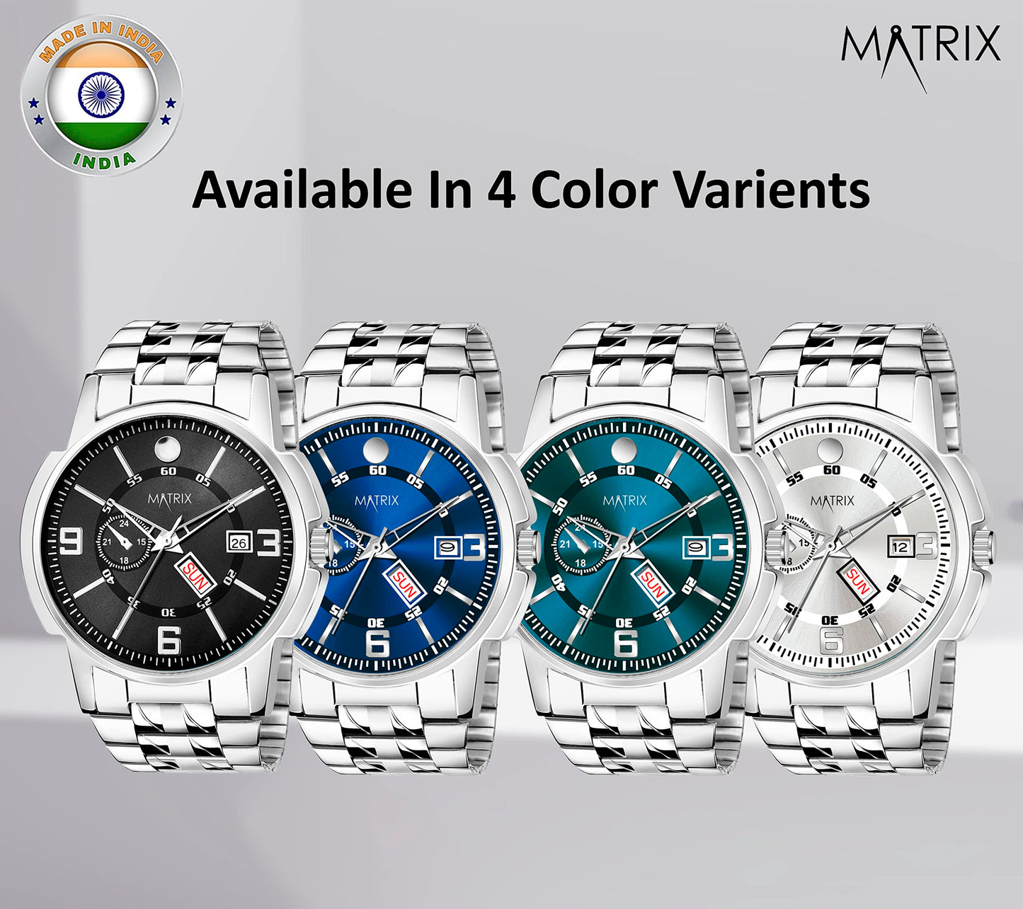 Matrix Black, Blue, White Dial, Day & Date Functioning, Stainless Steel Strap Analog Watch for Men & Women (Green) 