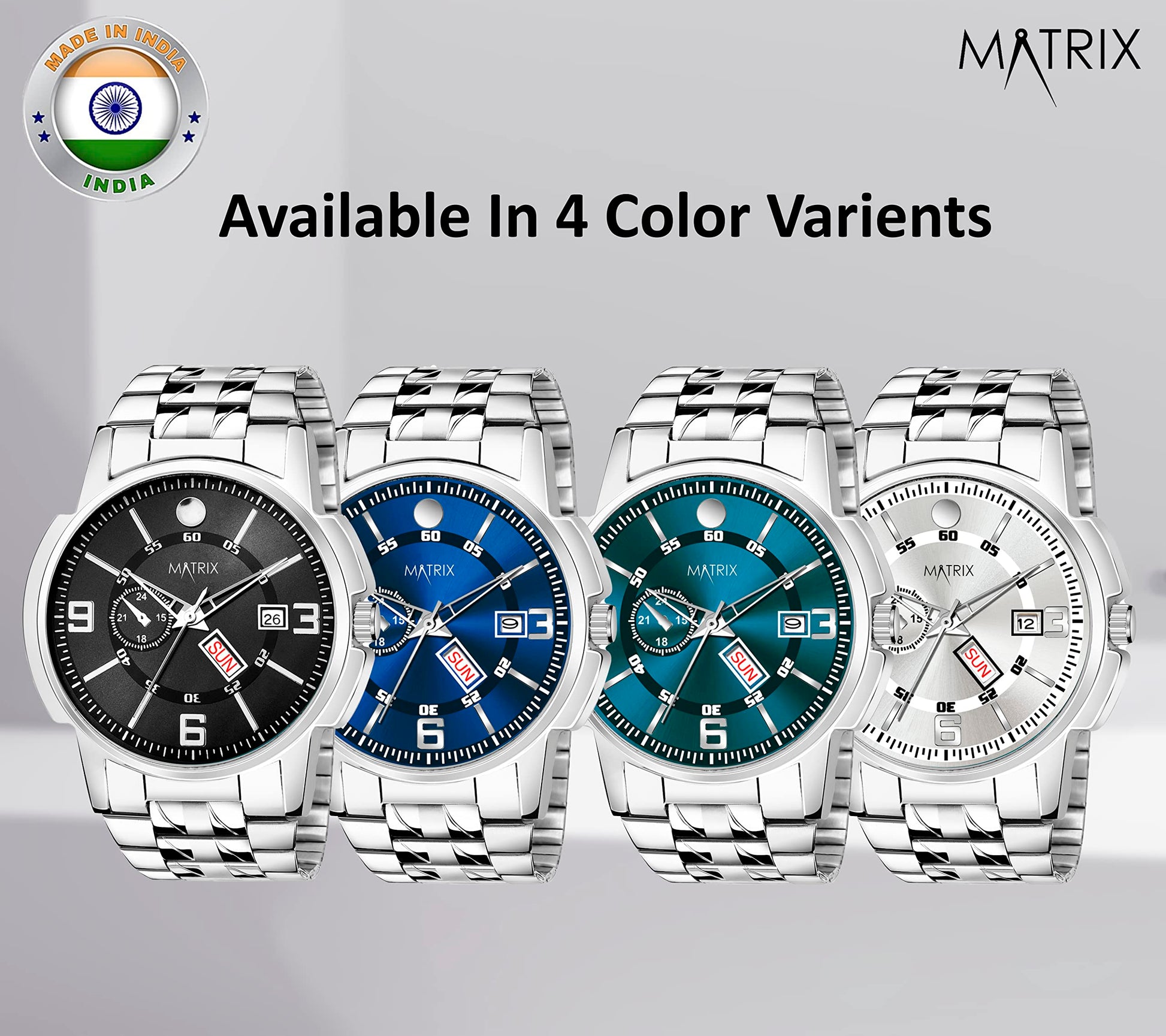 Matrix Black, Blue, White Dial, Day & Date Functioning, Stainless Steel Strap Analog Watch for Men & Women (Green) 
