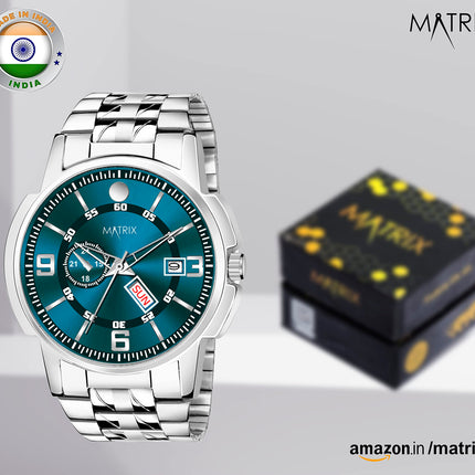 Matrix Black, Blue, White Dial, Day & Date Functioning, Stainless Steel Strap Analog Watch for Men & Women (Green) 