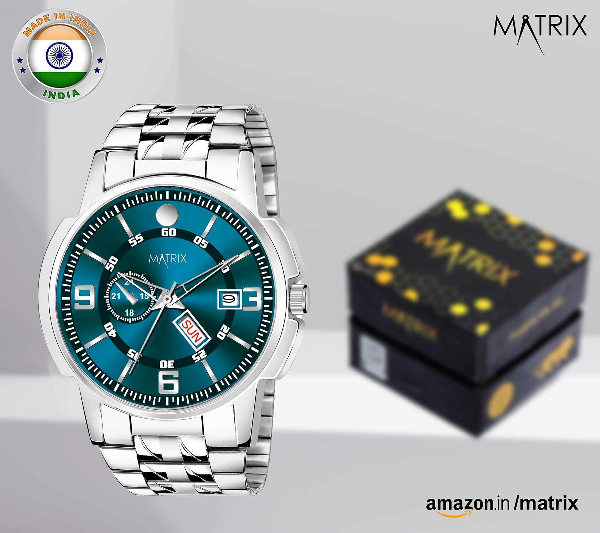 Matrix Black, Blue, White Dial, Day & Date Functioning, Stainless Steel Strap Analog Watch for Men & Women (Green) 