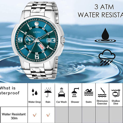Matrix Black, Blue, White Dial, Day & Date Functioning, Stainless Steel Strap Analog Watch for Men & Women (Green) 