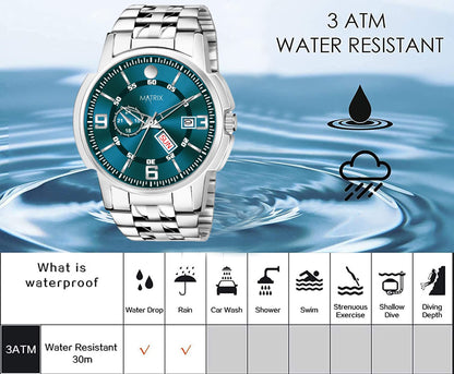 Matrix Black, Blue, White Dial, Day & Date Functioning, Stainless Steel Strap Analog Watch for Men & Women (Green) 