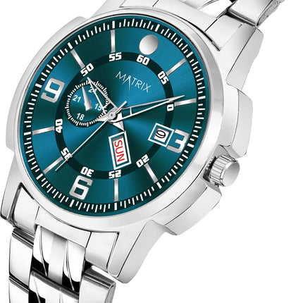 Matrix Black, Blue, White Dial, Day & Date Functioning, Stainless Steel Strap Analog Watch for Men & Women (Green) 